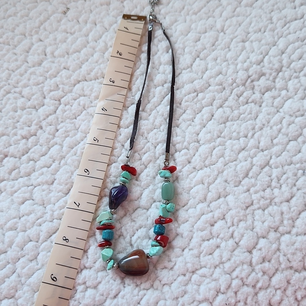 Vintage Handmade Multistoned Turquiose Amythest Beaded Leather Necklace - Picture 8 of 8
